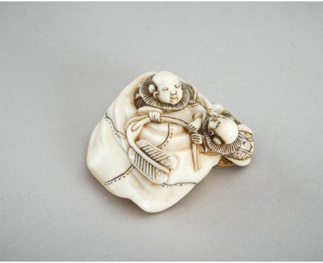 HOJITSU: AN IVORY NETSUKE OF TWO KARAKO PLAYING WITH HOTEI'S BAG, 19th CENTURYBy Hojitsu, signed Hojitsu 法實 Japan, 19th centu