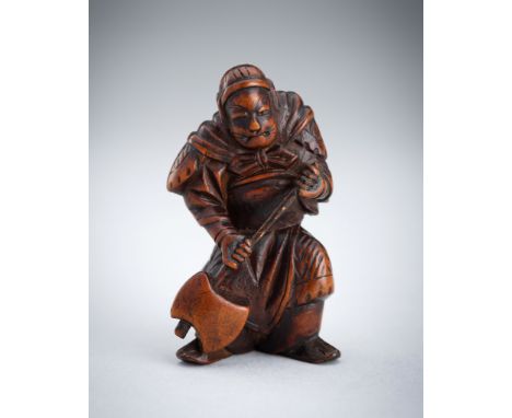 A WOOD NETSUKE OF BENKEI BRANDISHING AN AXUnsignedJapan, 19th century, Edo period (1612-1868) - Meiji period (1868-1912)Carve