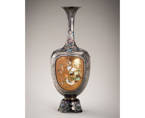 NAOYUKI: A SUPERB CLOISONNE ENAMEL AND SHIBAYAMA INLAID FLORIFORM VASE WITH A GOOSEBy Naoyuki, signed NaoyukiJapan, early Mei