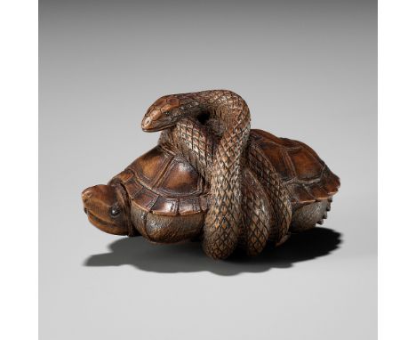 A YAMADA SCHOOL WOOD NETSUKE OF A SNAKE COILED AROUND A TORTOISEUnsignedJapan, Yamada, Ise province, late 19th centuryFinely 