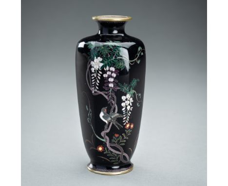 A SMALL CLOISONNE ENAMEL VASE WITH SPARROWS AND WISTERIA, MEIJIJapan, Meiji period (1868-1912). Of rounded hexagonal baluster