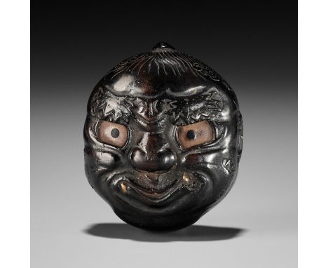 KIKUYAMA: A WOOD MASK NETSUKE OF A ONE-HORNED ONIBy Kikuyama, signed Ranjintei Kikuyama rofu 蘭人亭 菊山 老夫Japan, late 18th to ear