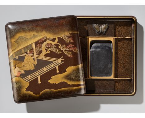 A LACQUER SUZURIBAKO DEPICTING GENJI AND YOUNG MURASAKIJapan, 19th centuryOf rectangular form with rounded edges, the cover d