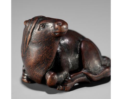 MASAMARU: A FINE WOOD NETSUKE OF A RECUMBENT HORSEBy Masamaru, signed Masamaru 正丸Japan, Nagoya, c. 1800, Edo period (1615-186