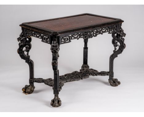 A LACQUERED HONGMU WOOD AND STONE CONSOLE TABLE, QING DYNASTYChina, late Qing Dynasty (1644-1912), 19th century. The tabletop