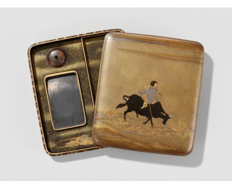 A LACQUER SUZURIBAKO DEPICTING AN OX-HERDER PLAYING THE FLUTEJapan, 19th century, Edo period (1615-1868)Of rounded rectangula