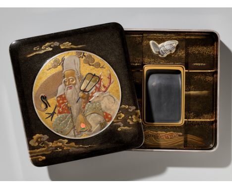 HEIAN TSUNEMASA: A FINE LACQUER SUZURIBAKO DEPICTING JUROJIN WITH CRANE AND STAGBy Heian Tsunemasa, signed Tsunemasa and kaki