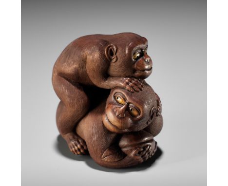 VADYM PYVOVAR: A BOXWOOD NETSUKE OF TWO MONKEYS FIGHTING OVER A PEACH, AFTER NAITO TOYOMASABy Vadym Pyvovar, signed with the 