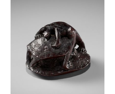 TOMOKAZU: A FINE WOOD NETSUKE OF THREE TORTOISESSigned Tomokazu 友一Japan, Gifu, early 19th century, Edo period (1615-1868)Fine