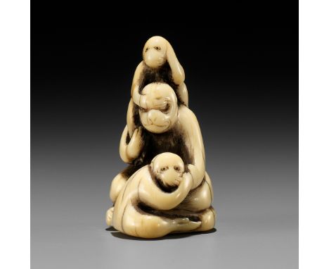 AN OLD IVORY NETSUKE OF THE SAMBIKI SARU (THREE WISE MONKEYS)UnsignedJapan, 18th century, Edo period (1615-1868)Finely carved