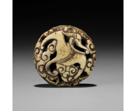 A RARE ANTLER RYUSA MANJU NETSUKE OF A STYLIZED 'BAT' DRAGONUnsignedJapan, 19th centuryFinely carved in openwork depicting a 