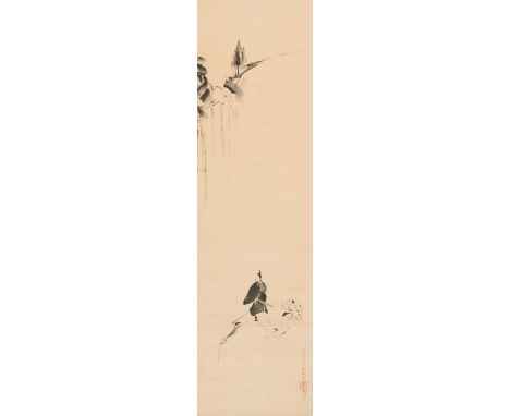 TAMECHIKA REIZEI (1823-1864) : 'MINAMOTO TOSHIYORI GAZING AT A WATERFALL'By Tamechika Reizei (1823-1864), signed Kuroudo toko