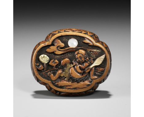 IKKO: A RARE INLAID WOOD NETSUKE OF KIKUJIDO BENEATH A MOONLIT SKYBy Hasegawa Ikko, signed Ikko 一光Japan, early to mid-19th ce