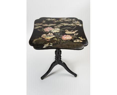 A CHINESE STYLE LACQUERED AND INLAID GAME TABLE, 19TH CENTURYFrance. The delicately built folding table supported on three cu