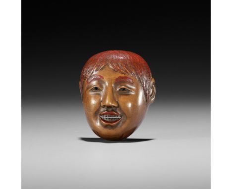 HO RAKUMIN: A WOOD AND LACQUER MASK NETSUKE OF A SHOJOBy Ho Rakumin (1804-1877), signed Ho Hogen 鴇 法眼 with kakihanJapan, Edo/