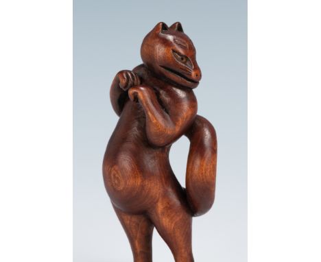 VADYM PYVOVAR: A BOXWOOD NETSUKE OF A DANCING KITSUNE (FOX)By Vadym Pyvovar, signed with the artist's initialsUkraine, 2023St