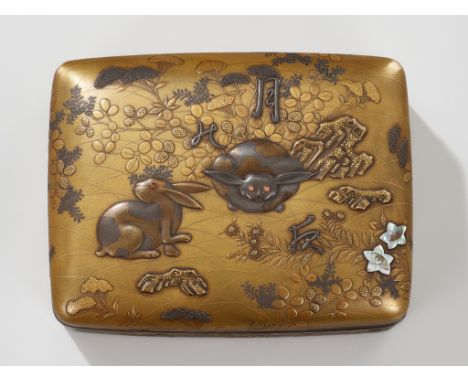 A VERY RARE AND SUPERB INLAID LACQUER BOX AND COVER DEPICTING LUNAR HARESJapan, 19th centuryOf rounded rectangular form, the 