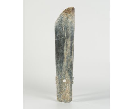 A JADE NOTCHED AXE, QIJIA CULTUREChina, Qijia culture, c. 2200-1600 BC. Of tapering form, the long blade with a slanted cutti