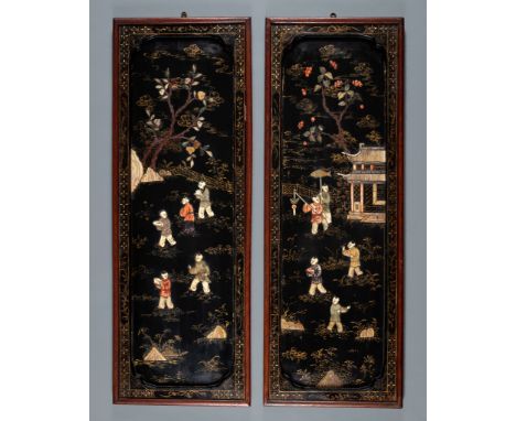A PAIR OF INLAID LACQUERD WOOD PANELS, LATE QINGChina, late Qing Dynasty (1644-1912). The wood panels inlaid with bone, wood,