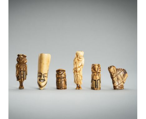 A LOT WITH SIX ANTLER NETSUKE, EDO - MEIJIJapan, 19th century to early 20th centuryThe first depicting a dutchman, himotoshi 