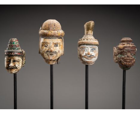 A GROUP OF FOUR BURMESE POLYCHROME WOOD PUPPET HEADSBurma/ Myanmar, 19th to 20th century. Decorated with polychrome pigments 