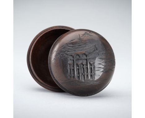 A SMALL WOOD BOX DEPICTING THE ITSUKUSHIMA SHRINE, c. 1920sJapan, late 19th century to early 20th centuryOf compressed globul