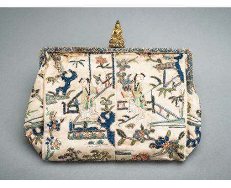 AN EMBROIDERED PURSE WITH 'BUDDHA' CLASP, QING DYNASTYChina, Qing Dynasty (1644-1912). Finely executed in Beijing knot and sa