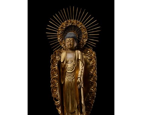 A VERY LARGE AND FINE GILT WOOD FIGURE OF AMIDA NYORAIJapan, 18th-19th century, Edo period (1615-1868)Finely carved and assem