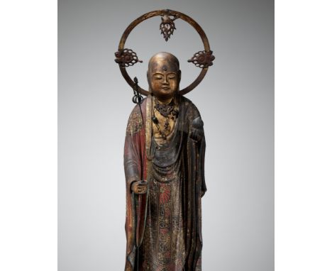 A RARE GILT AND POLYCHROME WOOD FIGURE OF JIZO BOSATSUJapan, 13th-14th century, Kamakura period (1185-1333)Finely carved, the