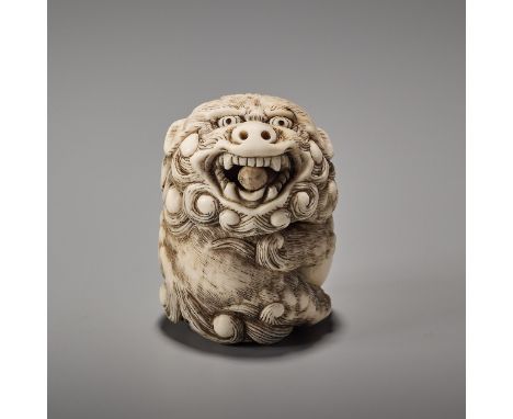 A GOOD IVORY NETSUKE OF A POWERFUL SHISHI ATTRIBUTED TO MITSUHARUUnsigned, attributed to MitsuharuJapan, Kyoto, early 19th ce