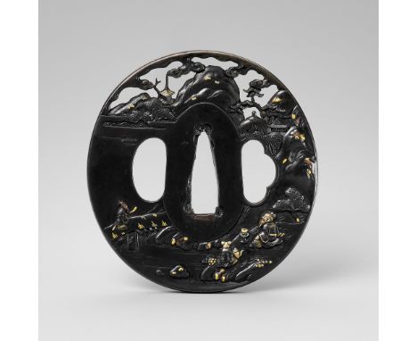 KIKUCHI SEIJO: A SHAKUDO TSUBA WITH CHINESE LITERATI AND LANDSCAPEBy Kikuchi Seijo, signed Kikuchi Seijo with kakihanJapan, 1