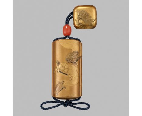 KAJIKAWA: A SUPERB FIVE-CASE GOLD LACQUER INRO WITH MINOGAME DESIGN AND WITH EN SUITE NETSUKEBy a member of the Kajikawa fami