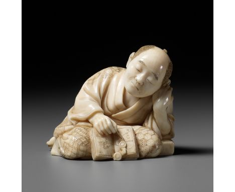 SOJUN: AN AMUSING IVORY OKIMONO OF A SLEEPING SCHOLARBy Sojun, signed SojunJapan, Meiji period (1868-1912)The resting scholar