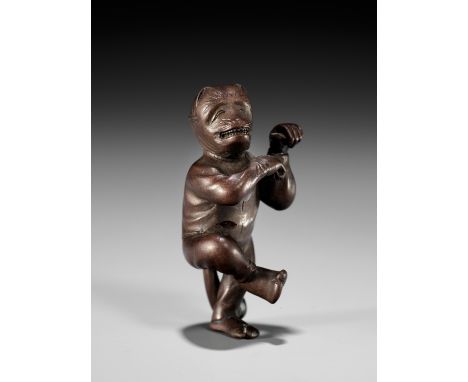 AN EXQUISITELY SMALL WOOD NETSUKE OF A FOX DANCER, ATTRIBUTED TO JUGYOKUAttributed to Ryukosai Jugyoku, unsignedJapan, Edo (T