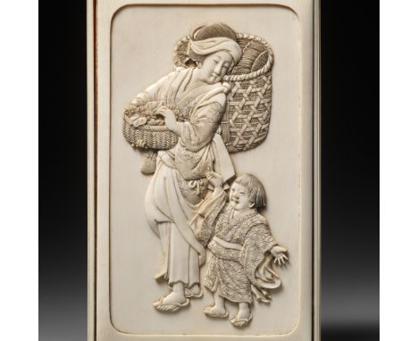 A FINE IVORY BOX AND COVER DEPICTING A BIJIN WITH CHILDJapan, Meiji period (1868-1912)Finely carved and stained, the cover ca