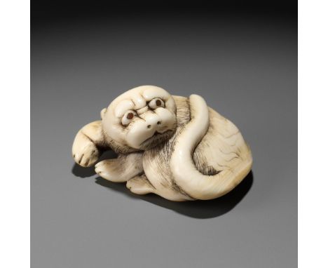 AN AMUSING OSAKA SCHOOL IVORY NETSUKE OF A TIGERUnsignedJapan, Osaka, late 18th to early 19th century, Edo period (1615-1868)