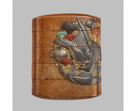 JOKASAI: A FINE FOUR-CASE GOLD LACQUER INRO DEPICTING A FALCON AND HERONLineage of Yamada Jokasai, signed Jokasai 常嘉齋Japan, 1