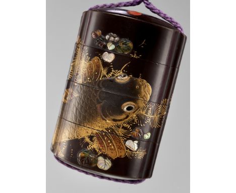 A FINE INLAID AND LACQUERED THREE-CASE INRO WITH CARPUnsignedJapan, 18th century, Edo period (1615-1868)Bearing a roiro groun