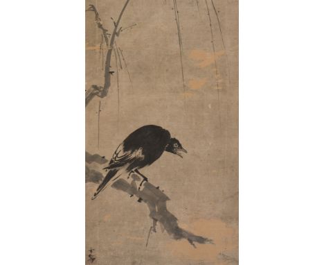 SESSON SHUKEI (1504-1589): 'CROW UNDER WILLOW TREE'Japan, 16th century. Ink on paper. Mounted as a hanging scroll, on a silk 