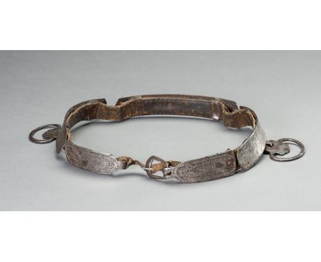 A SILVER DAMASCENED IRON BELT, QING DYNASTYChina, Qing dynasty (1644-1912), 18th century. Consisting of five curved iron elem