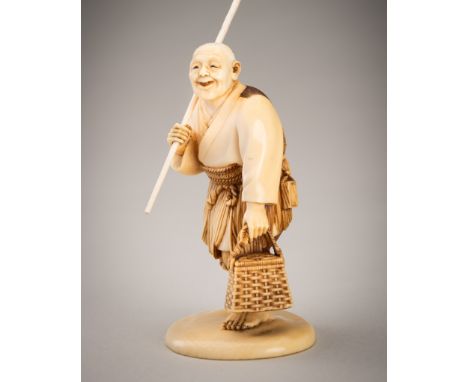 A FINE IVORY OKIMONO OF A FISHERMANJapan, 19th centuryFinely carved, the elderly fisherman wears a grass skirt, posed walking