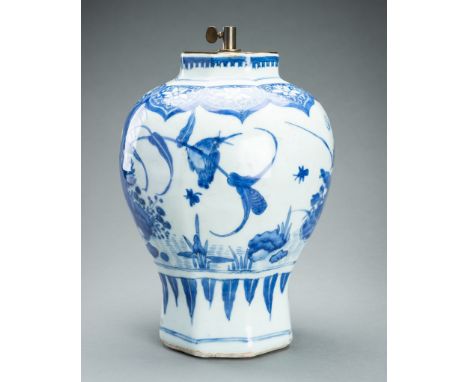 A BLUE AND WHITE PORCELAIN 'BIRDS AND FLOWERS' VASE, QINGChina, late Qing Dynasty (1644-1912). The baluster body decorated in