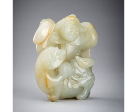 A CELADON JADE CARVING OF A FOREIGNER WITH A BUDDHIST LION, QING DYNASTYChina, Qing Dynasty (1644-1912). Finely carved, the f