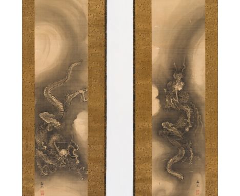 TANI BUNCHO (1763-1841): TWO SCROLL PAINTINGS WITH DRAGONSJapan, 1818-1830. Ink on silk. Mounted as a pair of hanging scrolls