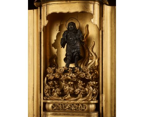 A GILT AND LACQUERED WOOD ZUSHI (PORTABLE SHRINE) CONTAINING A LACQUERED WOOD FIGURE OF BISHAMONTENJapan, 18th century, Edo p