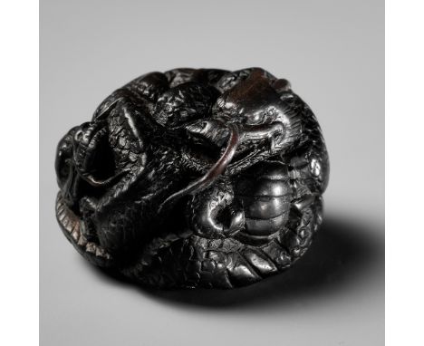 A TSU SCHOOL DARK WOOD NETSUKE OF TWO WRITHING DRAGONSUnsignedJapan, Tsu, 19th century, Edo period (1615-1868)Finely and dens