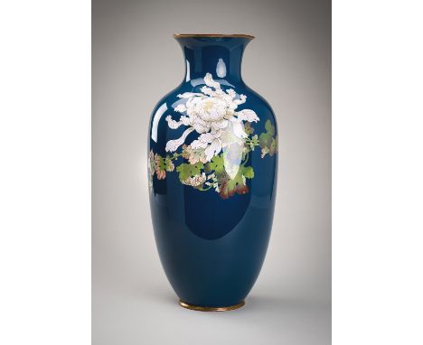 A LARGE BLUE CLOISONNE VASE WITH KIKU FLOWERSJapan, Meiji period (1868-1912)Of baluster form, standing on a flat base the rou