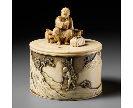 YASUHARU: A FINE IVORY TUSK BOX AND COVER IN DEPICTING A BRUSHWOOD COLLECTORBy Yasuharu, signed Yasuharu with seal Yasu and w