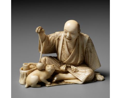 SEIHO: AN IVORY OKIMONO OF A MAN AND HIS CATBy Seiho, signed SeihoJapan, Meiji period (1868-1912)Finely carved and stained de