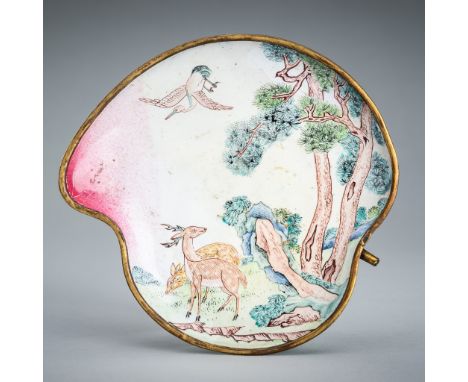 A SMALL CANTON ENAMEL PEACH-FORM DISH, 18TH CENTURYChina, Qing Dynasty (1644-1912). The peach-shaped dish supported on three 